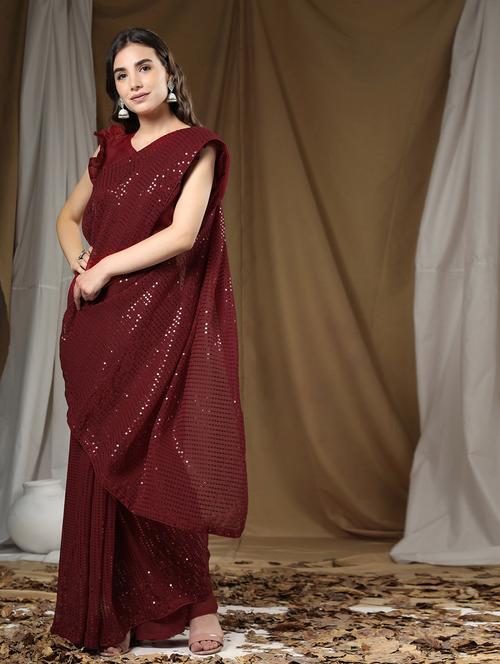 maroon self design saree with blouse - 20064454 - Very Small Image - 1