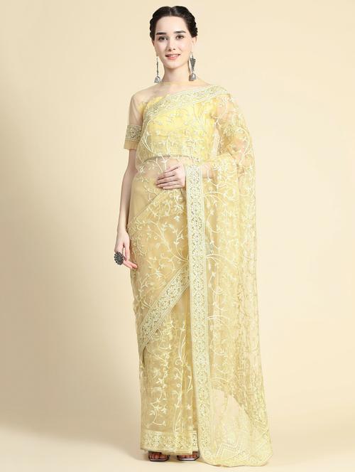 yellow self design saree with blouse - 20064478 - Very Small Image - 1