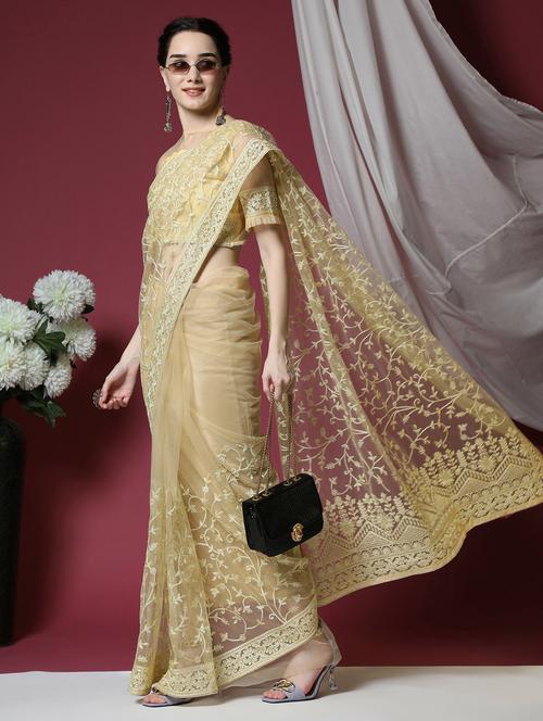 yellow self design saree with blouse - 20064479 - Very Small Image - 1