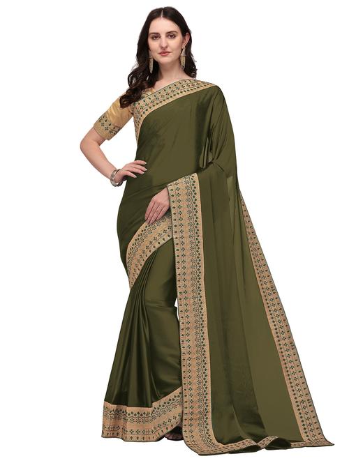 dark green solid bordered saree with blouse - 20064494 - Very Small Image - 1