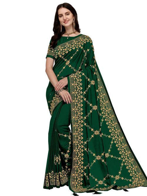 dark green self design saree with blouse - 20064495 - Very Small Image - 1