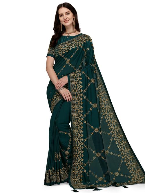 teal self design saree with blouse - 20064504 - Very Small Image - 1
