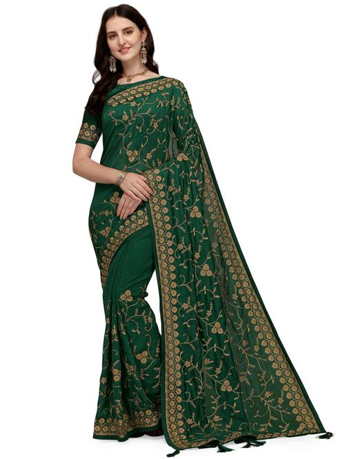 dark green self design saree with blouse - 20064513 - Very Small Image - 1