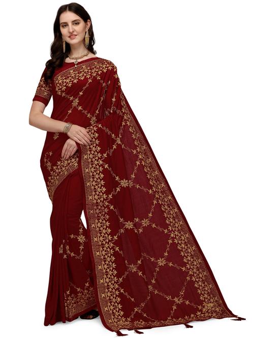 maroon self design saree with blouse - 20064518 - Very Small Image - 1