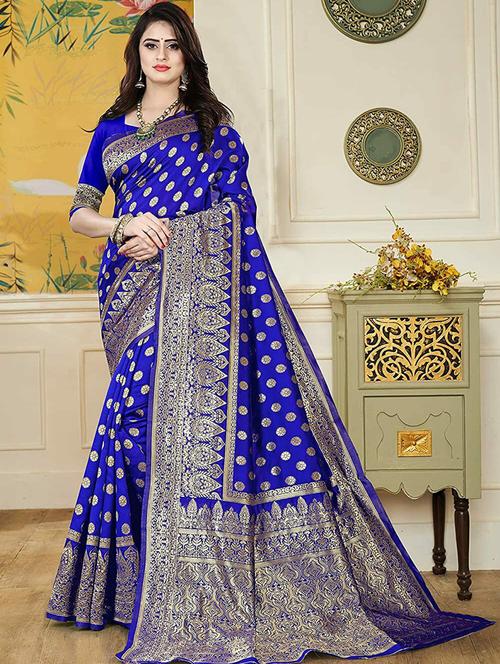 blue jacquard kanjivaram saree with blouse - 20064545 - Very Small Image - 1