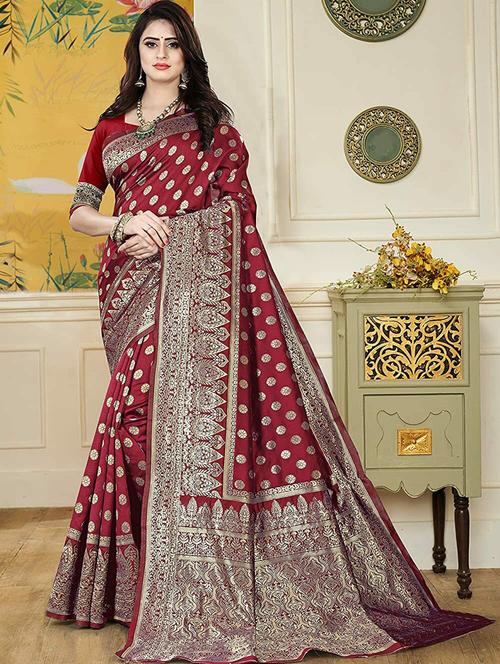 maroon jacquard kanjivaram saree with blouse - 20064547 - Very Small Image - 1