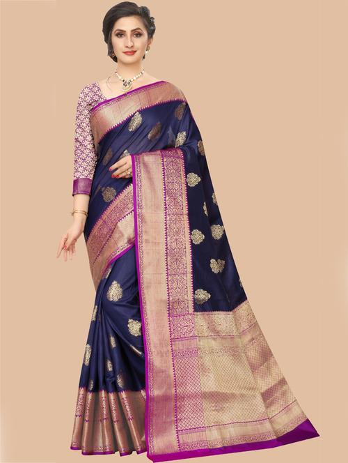 dark blue jacquard kanjivaram saree with blouse - 20064630 - Very Small Image - 1