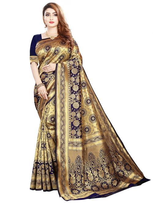 dark blue jacquard kanjivaram saree with blouse - 20064798 - Very Small Image - 1