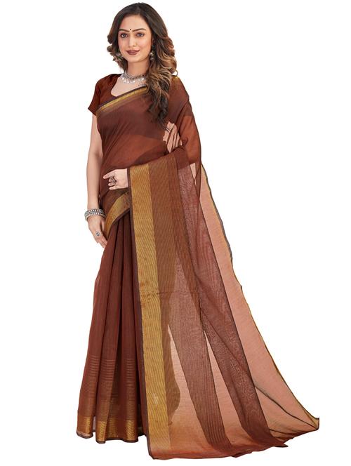brown cotton blend saree with blouse - 20064910 - Very Small Image - 1