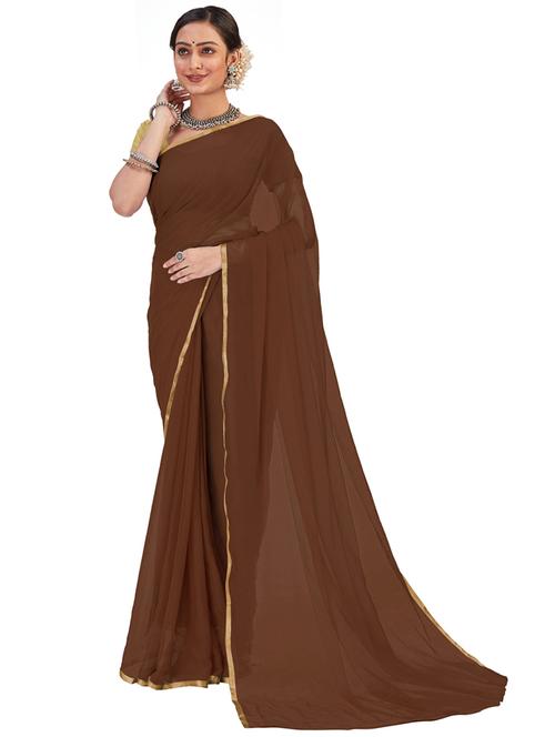 brown plain saree with blouse - 20064943 - Very Small Image - 1