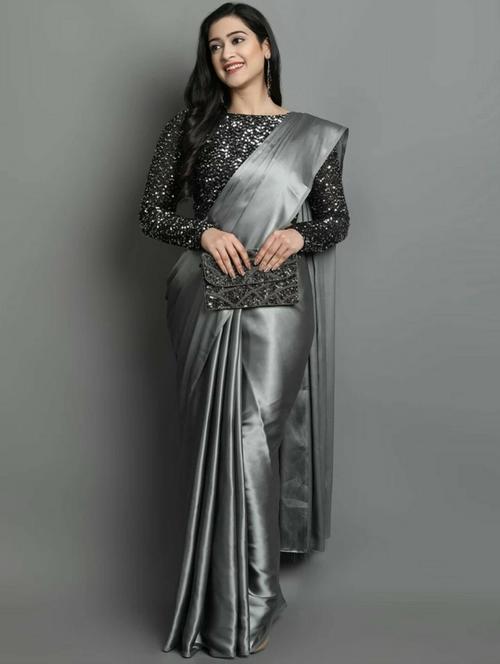 grey plain saree with sequin blouse piece with blouse - 20064946 - Very Small Image - 1