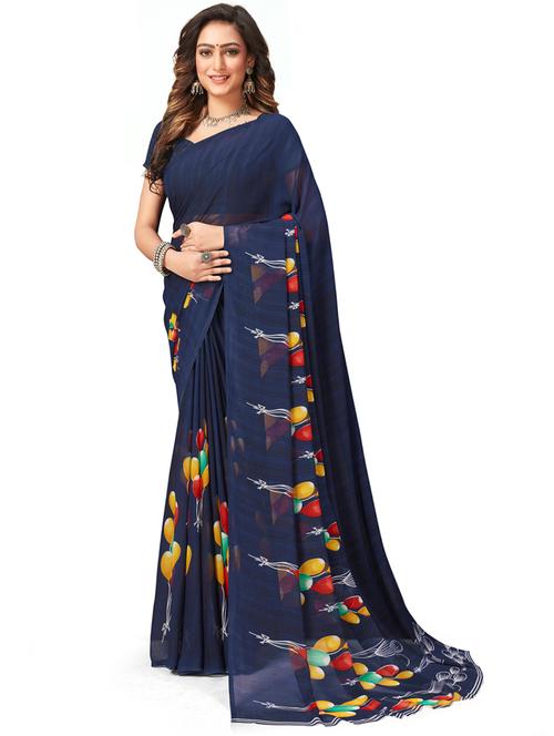 dark blue printed saree with blouse - 20064981 - Very Small Image - 1