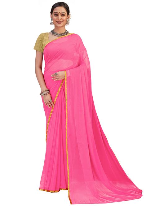 pink solid plain saree with blouse - 20064983 - Very Small Image - 1