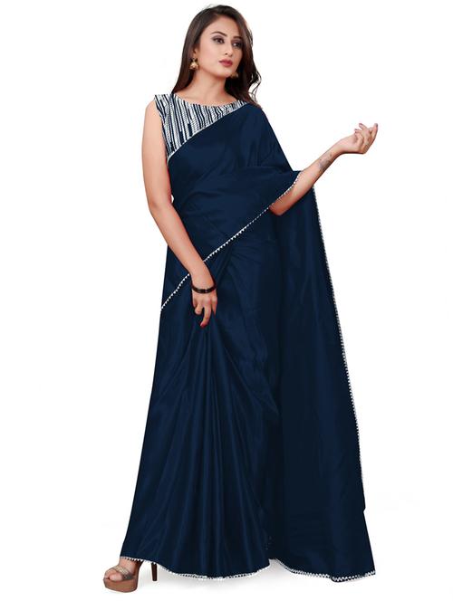 dark blue plain saree with blouse - 20065048 - Very Small Image - 1