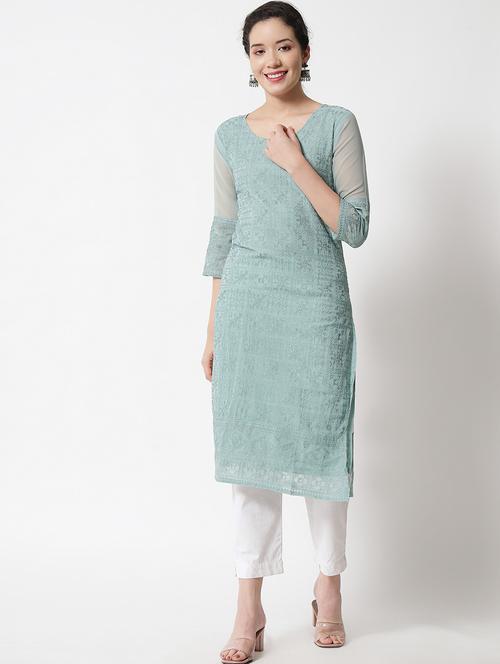 blue self design straight kurta - 20067060 - Very Small Image - 1