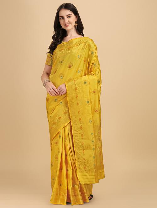 yellow banarasi saree with blouse - 20067867 - Very Small Image - 1