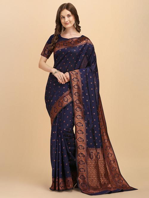 navy blue banarasi saree with blouse - 20068152 - Very Small Image - 1