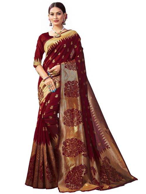 maroon banarasi saree with blouse - 20068192 - Very Small Image - 1