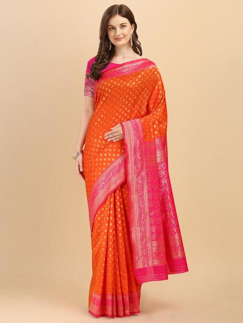 orange banarasi saree with blouse - 20068219 - Very Small Image - 1