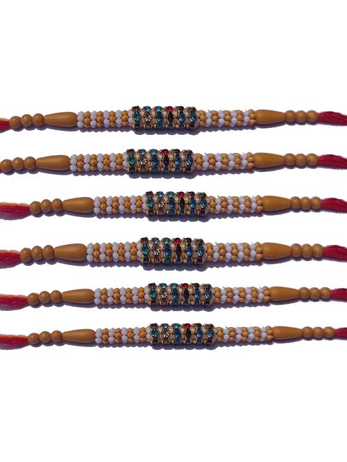 set of 6 beads & stone rakhi with roli chawal & greeting card - 20068486 - Very Small Image - 1