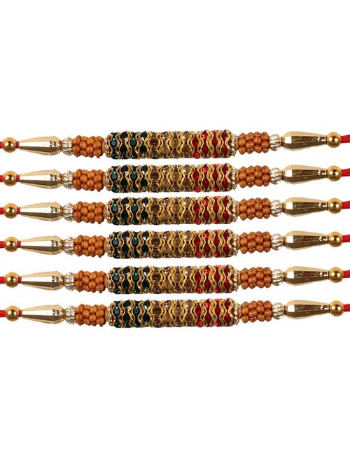 set of 6 stone work rakhi with roli chawal & greeting card - 20068490 - Very Small Image - 1