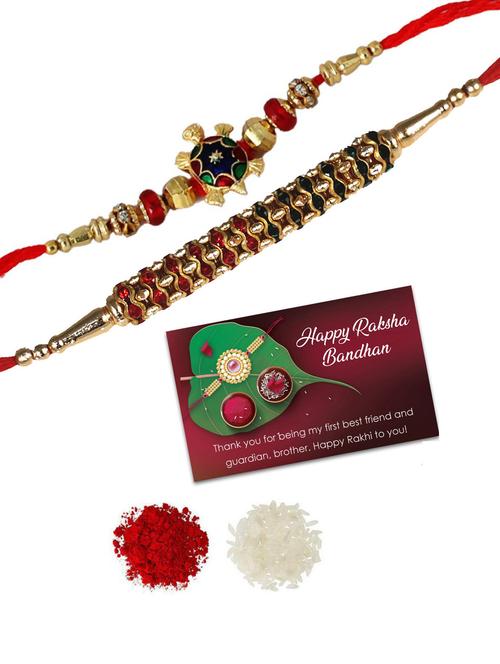set of 2 rakhi with roli chawal & greeting card - 20068509 - Very Small Image - 1