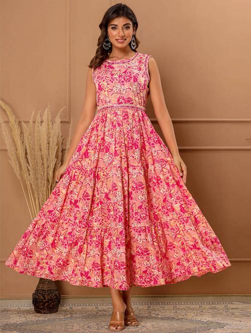pink cotton fit & flare ethnic dress - 20069294 - Very Small Image - 1