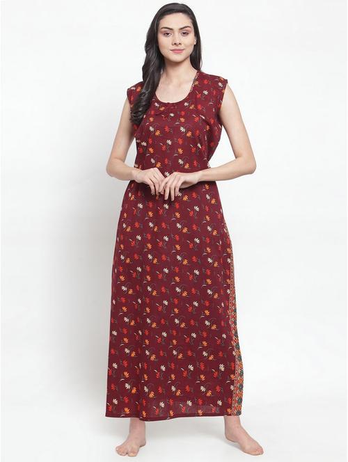 maroon floral print nighty - 20070073 - Very Small Image - 1
