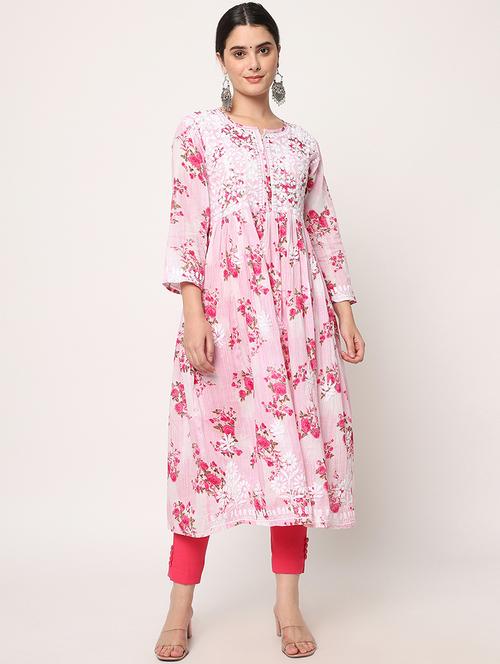 notch neck chikankari & printed flared kurta - 20070365 - Very Small Image - 1