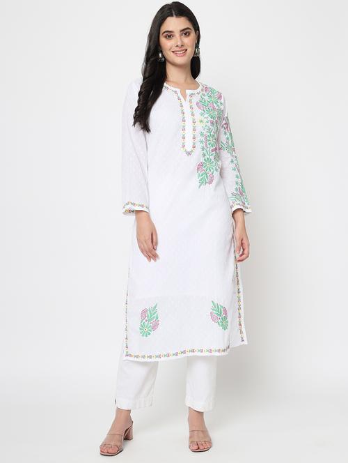 notch neck chikankari straight long kurta - 20070384 - Very Small Image - 1