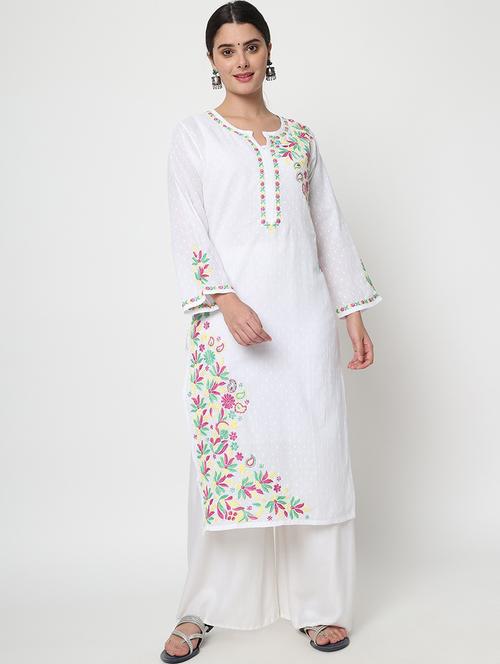 notch neck chikankari straight long kurta - 20070396 - Very Small Image - 1