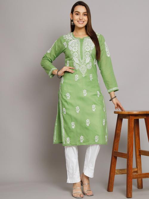 green chikankari straight kurta - 20070448 - Very Small Image - 1