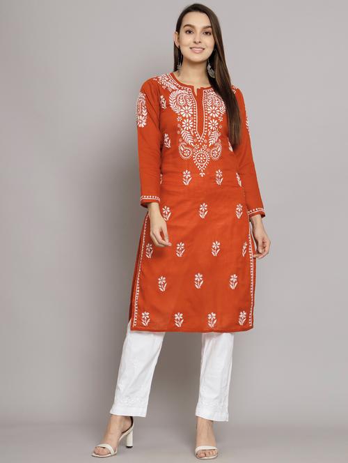orange chikankari straight kurta - 20070449 - Very Small Image - 1