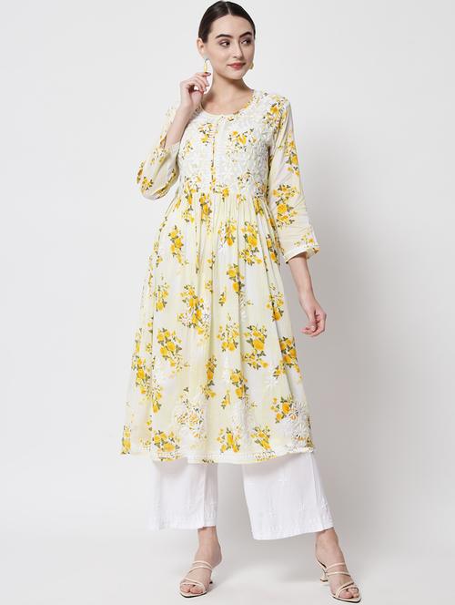 yellow chikankari flared kurta - 20070463 - Very Small Image - 1