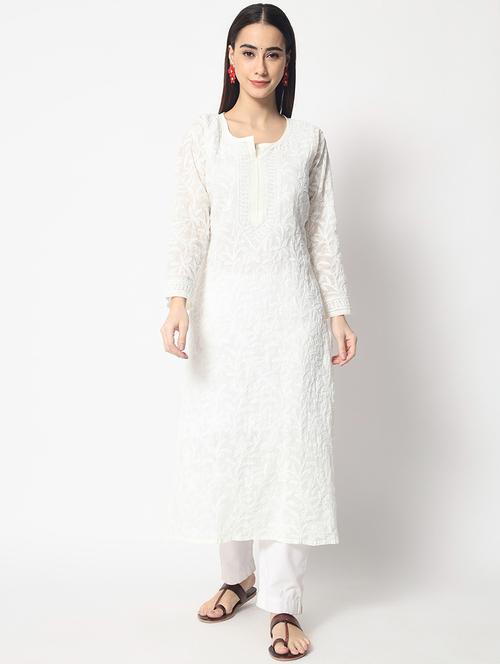 cream chikankari straight kurta - 20070464 - Very Small Image - 1