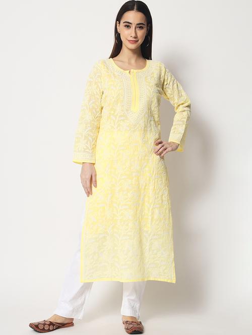 yellow chikankari straight kurta - 20070471 - Very Small Image - 1