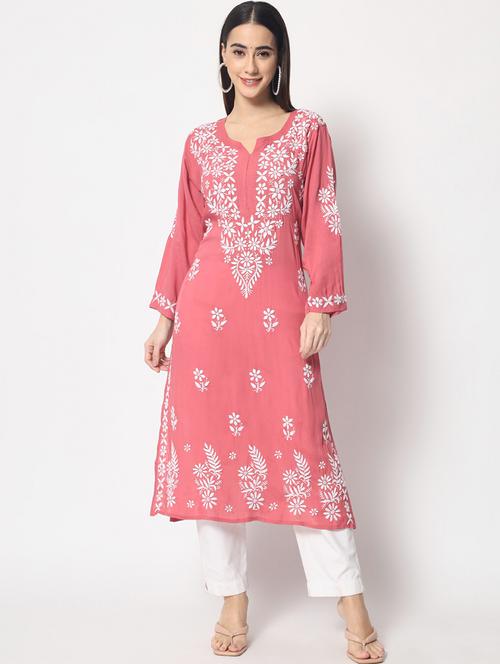pink chikankari straight kurta - 20070473 - Very Small Image - 1