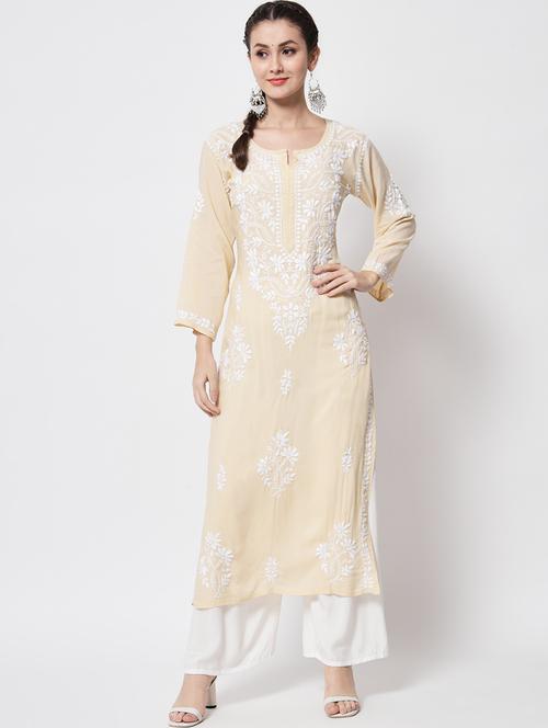 notch neck chikankari straight kurta - 20070482 - Very Small Image - 1