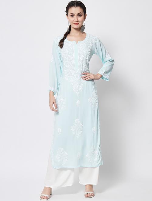 notch neck chikankari straight kurta - 20070488 - Very Small Image - 1