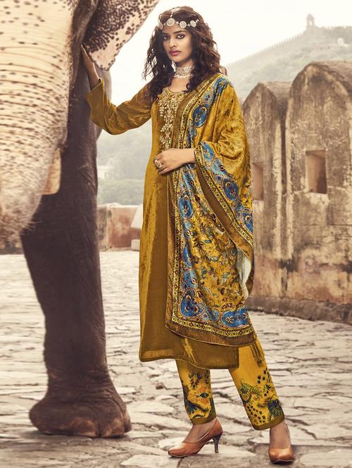embroidered unstitched straight pant suits - 20072438 - Very Small Image - 1