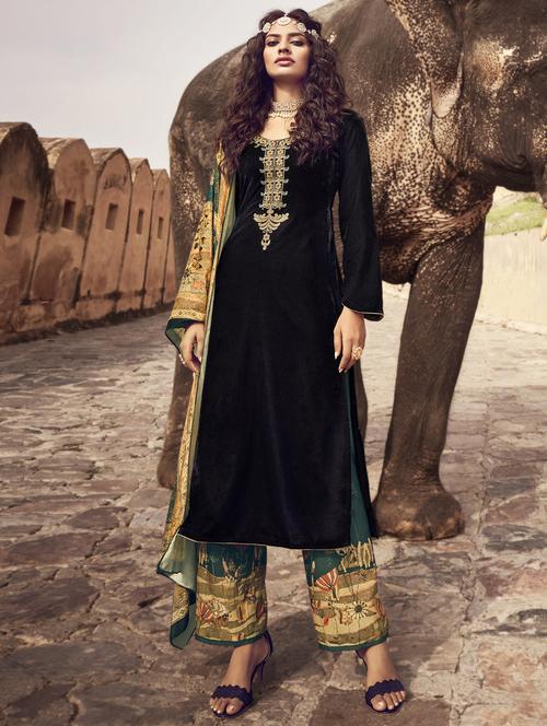 embroidered unstitched straight pant suits - 20072439 - Very Small Image - 1