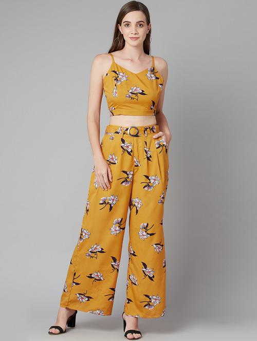 yellow florals printed top and palazzos set - 20072638 - Very Small Image - 1