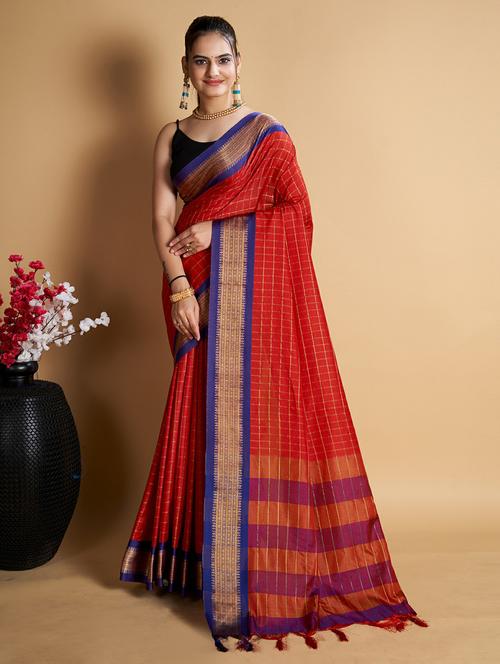 women's checks red colored saree with blouse - 20073546 - Very Small Image - 1