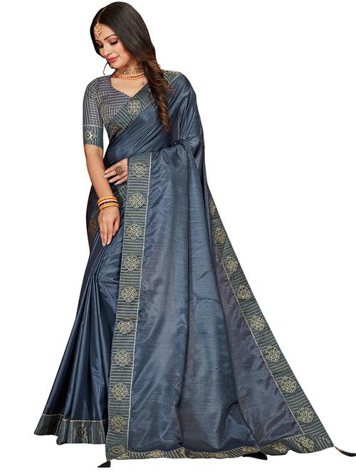 women's bordered royal blue colored saree with blouse - 20074177 - Very Small Image - 1