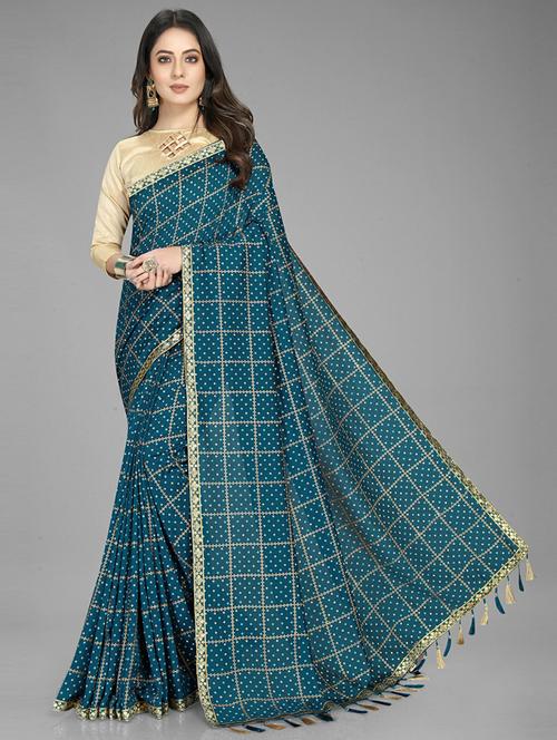 women's checks colored saree with blouse - 20074249 - Very Small Image - 1