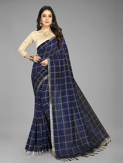 women's checks navy blue colored saree with blouse - 20074256 - Very Small Image - 1