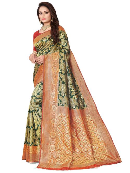dark green banarasi saree - 20074269 - Very Small Image - 1
