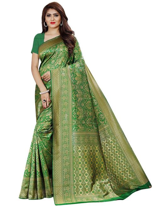 green silk blend banarasi saree with blouse - 20074319 - Very Small Image - 1
