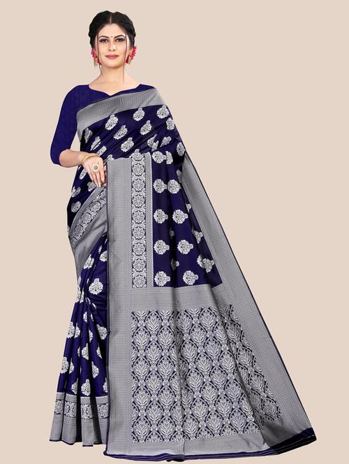dark blue woven saree with blouse - 20074470 - Very Small Image - 1