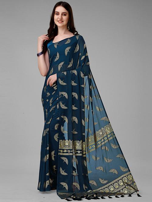 teal blue printed saree with blouse - 20074886 - Very Small Image - 1